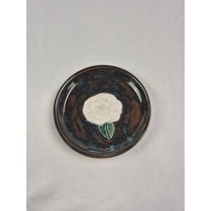 Signed Vintage Studio Art Pottery Trinket‎ Dish White Flower Handmade Ceramic 5"